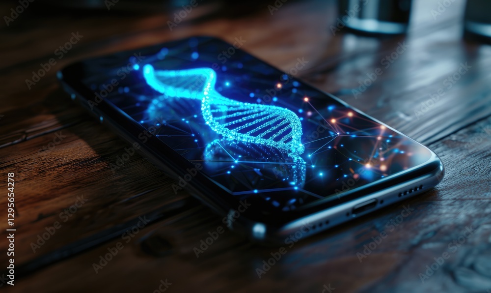 DNA helix is shown glowing on a smartphone screen, genetic technology.