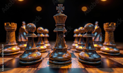 Obraz na płótnie Dramatic close-up shows a chess king surrounded by pawns and rooks on a dark wooden board. w salonie