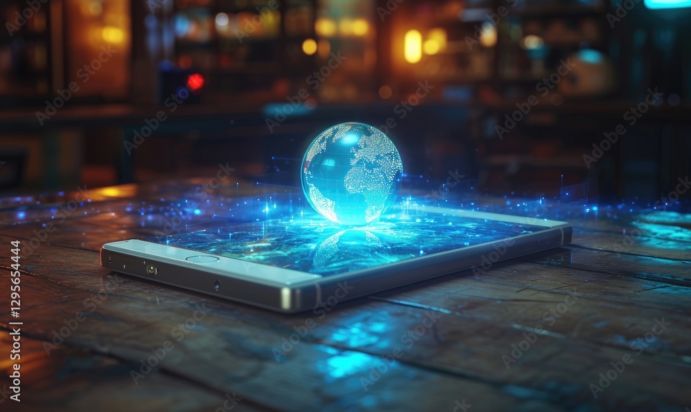 Digital Globe Hologram on Modern Smartphone Screen. Global digital connectivity.