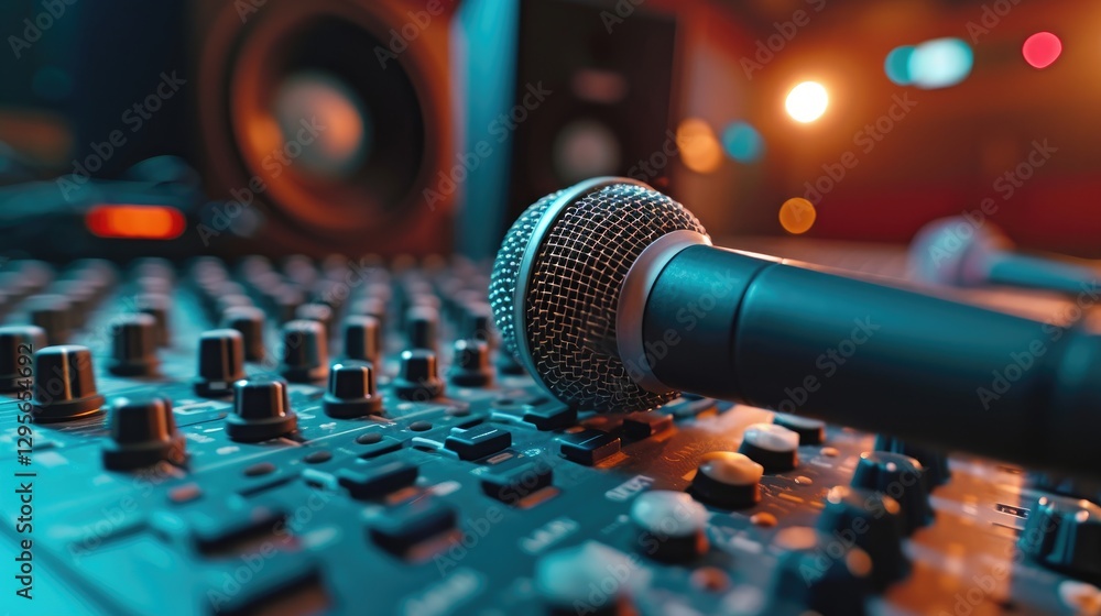 Microphone lying on an audio mixing board in a recording studio