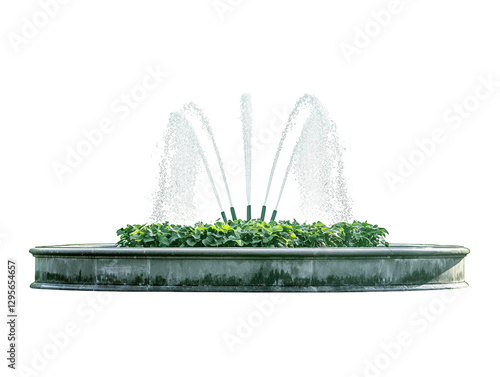A decorative fountain with multiple water jets, surrounded by lush greenery.