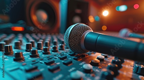 Obraz na płótnie Microphone lying on an audio mixing board in a recording studio w salonie