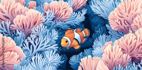 Clownfish in Coral Reef Illustration Ocean Scene