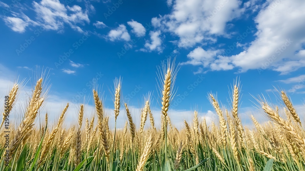 Golden wheat field swaying under a bright blue sky with fluffy white clouds : Generative AI Golden wheat field swaying under a bright blue sky with fluffy white clouds : Generative AI