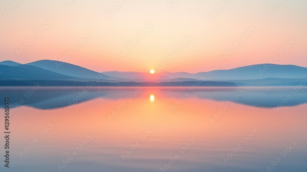 Serene sunrise over calm lake reflecting pastel sky and hazy mountains. Serene sunrise over calm lake reflecting pastel sky and hazy mountains.