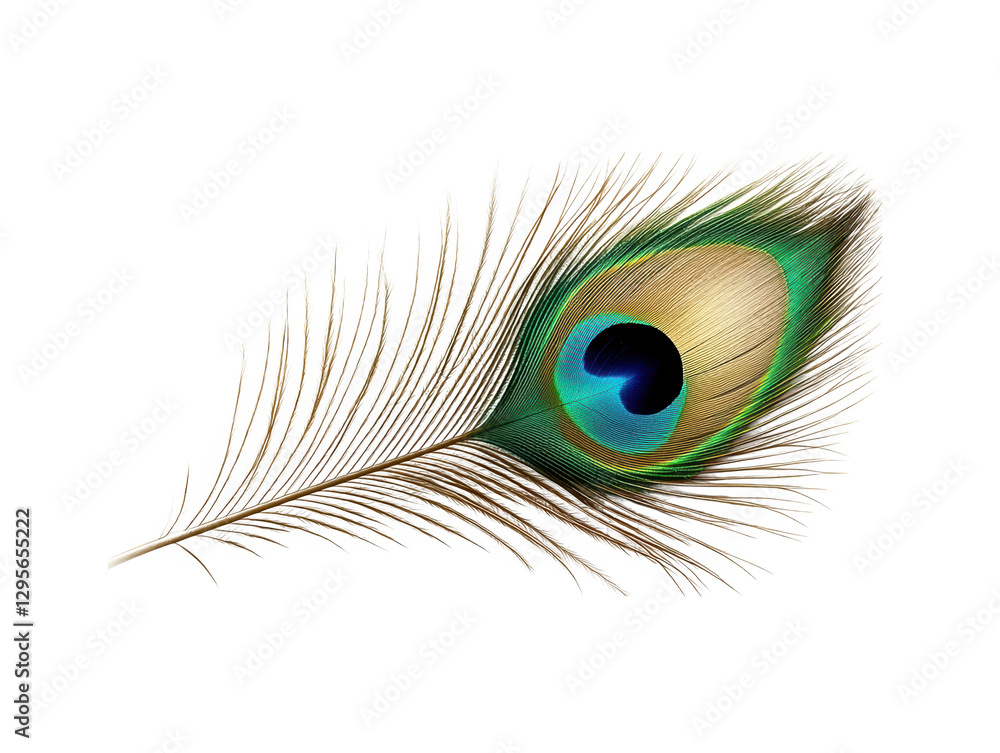 Fototapeta premium A colorful peacock feather with vibrant blue, green, and gold hues showcasing intricate patterns and textures.