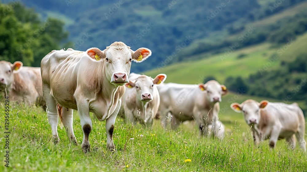 Serene bovine family grazing in a lush green meadow with gentle hills and vibrant scenery : Generative AI Serene bovine family grazing in a lush green meadow with gentle hills and vibrant scenery : Generative AI