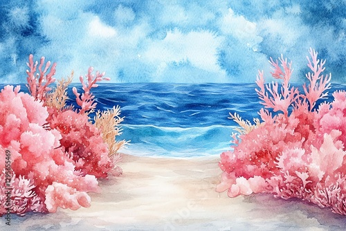 Pink Coral Beach Watercolor Ocean Scene Landscape
