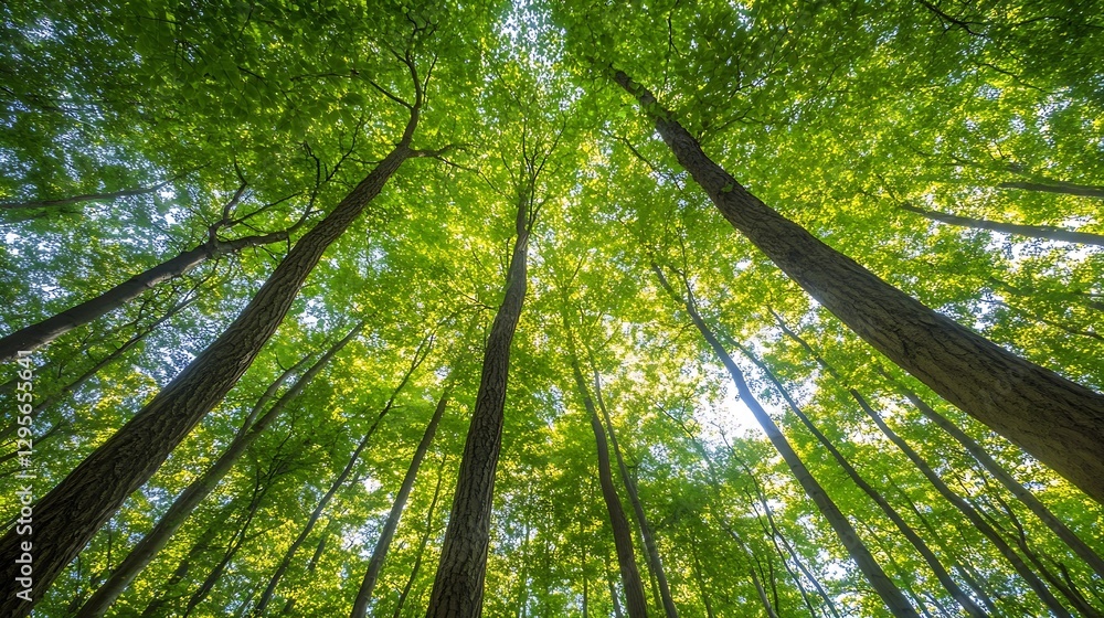 Fototapeta premium Lush green forest canopy viewed from below showcasing vibrant tree tops : Generative AI