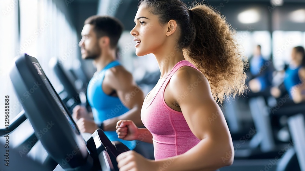 Profile View of Individuals Actively Jogging on a Treadmill in a Modern Gym Facility : Generative AI Profile View of Individuals Actively Jogging on a Treadmill in a Modern Gym Facility : Generative AI