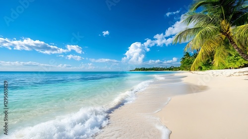 Stunning tropical beach with soft waves clear water and vibrant palm trees under bright sky : Generative AI