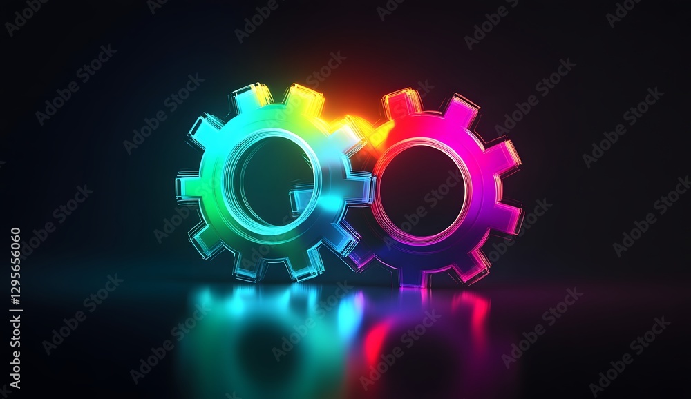Colorful Gears Intertwined, Dark Studio, Neon Glow, Abstract Colorful Gears Intertwined, Dark Studio, Neon Glow, Abstract