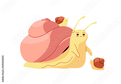 Cute family of snails is together. Happy mother and babies snailfishes on her coiled house on back. Funny characters of slugs with spiral shell. Flat isolated vector illustration on white background
