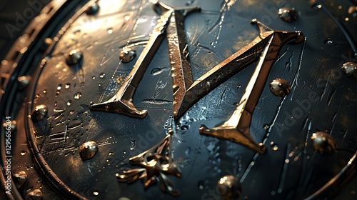 Close-up of an ornate metallic shield featuring a prominent embossed letter 'M', glistening with droplets of water.
