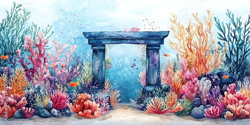 Exploring Underwater Ruins Watercolor Art with Vibrant Coral Reef Scene