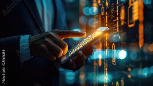 Obraz na płótnie Businessman Using Smartphone With Digital Data Display w salonie
