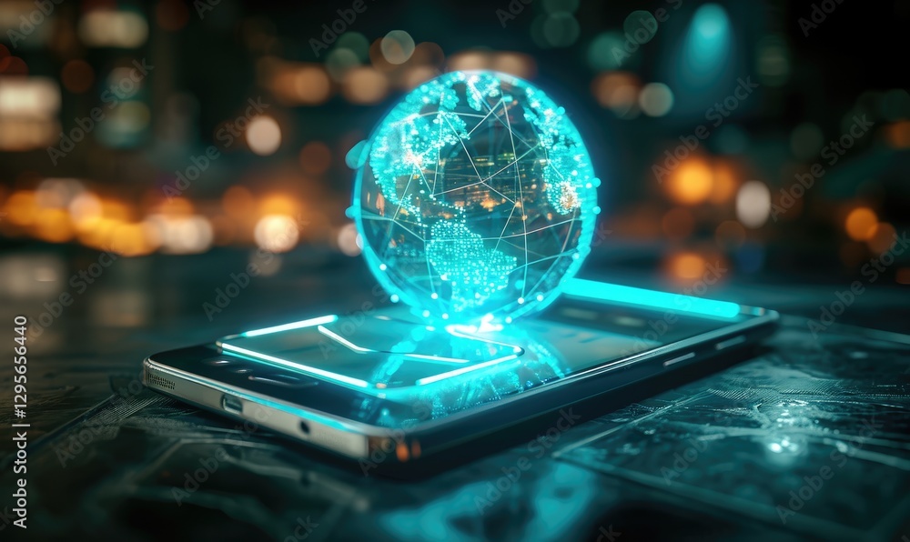 Glowing holographic globe representing a global network sits above a modern smartphone