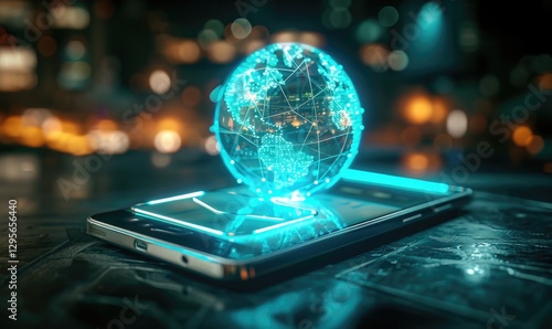 Obraz na płótnie Glowing holographic globe representing a global network sits above a modern smartphone w salonie