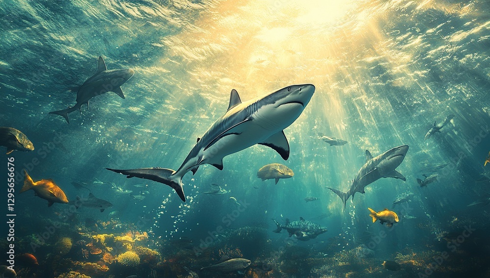 Fototapeta premium Underwater Scene of Sharks Swimming in Sunlight