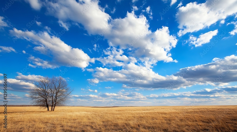 Serene landscape with a lone tree under a vast blue sky and fluffy white clouds : Generative AI Serene landscape with a lone tree under a vast blue sky and fluffy white clouds : Generative AI