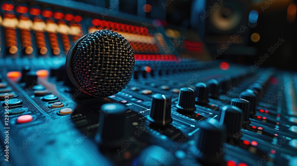 A close-up shot of a microphone placed on a professional audio mixing console.