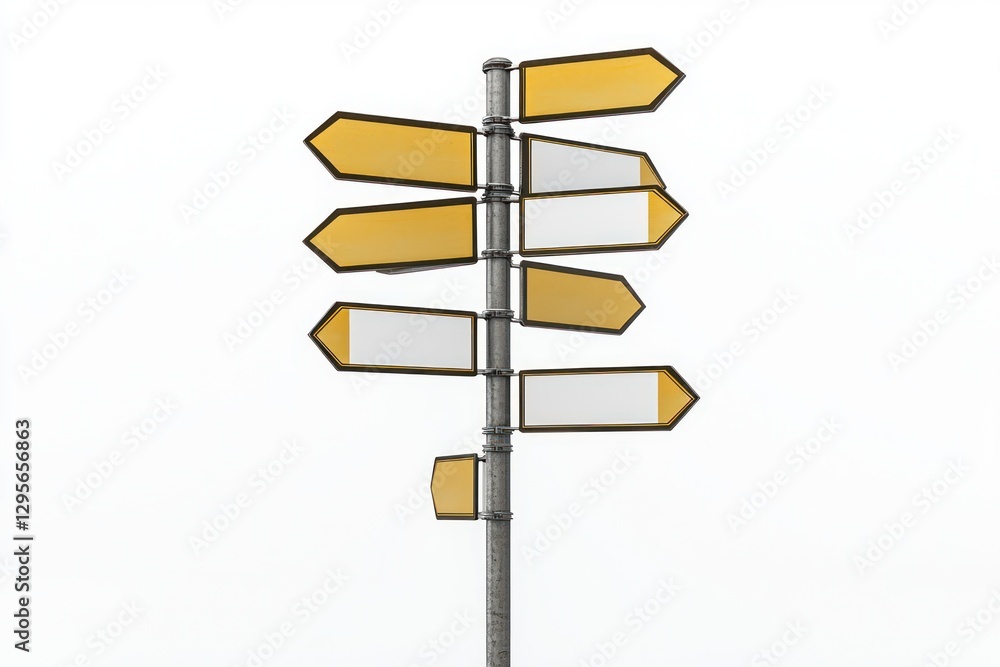 Multiple blank directional signs on metal pole, realistic road sign mockup. Multiple blank directional signs on metal pole, realistic road sign mockup.