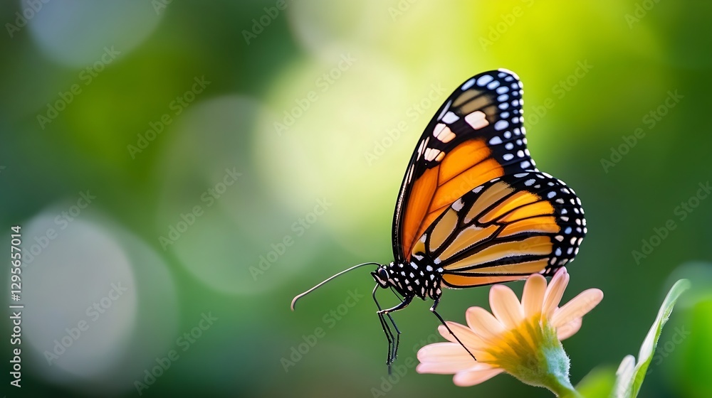 Fototapeta premium Beautiful closeup of a monarch butterfly perched on a flower with a blurred green background : Generative AI