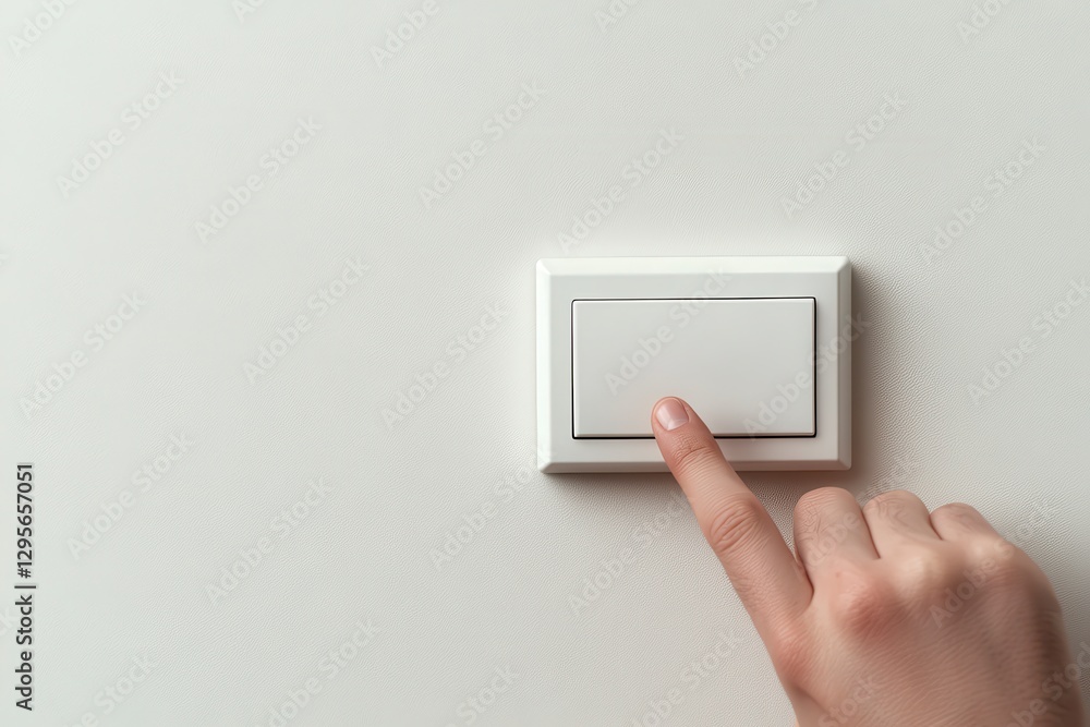 Finger Pressing White Light Switch on Textured White Wall Finger Pressing White Light Switch on Textured White Wall