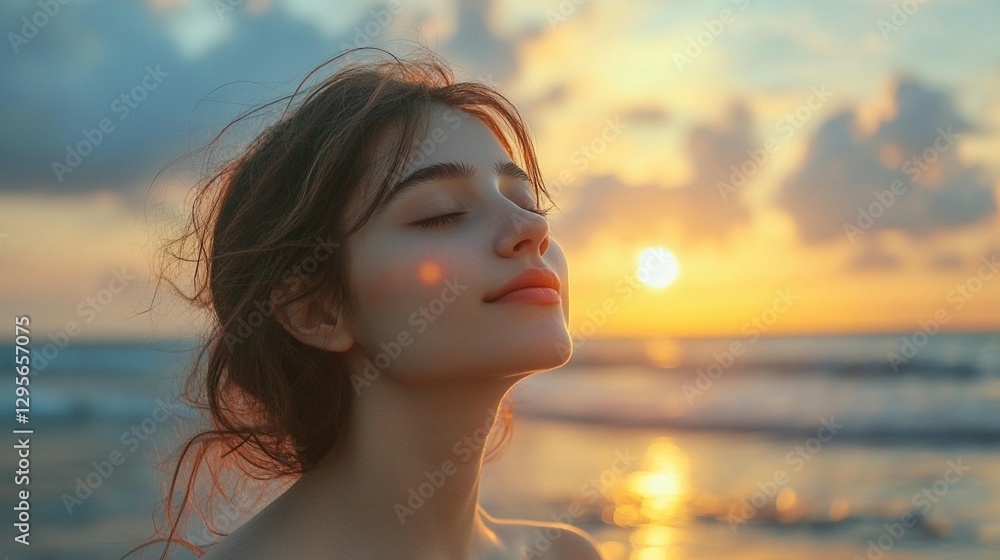 Serene woman breathes deeply at sunset beach. Serene woman breathes deeply at sunset beach.