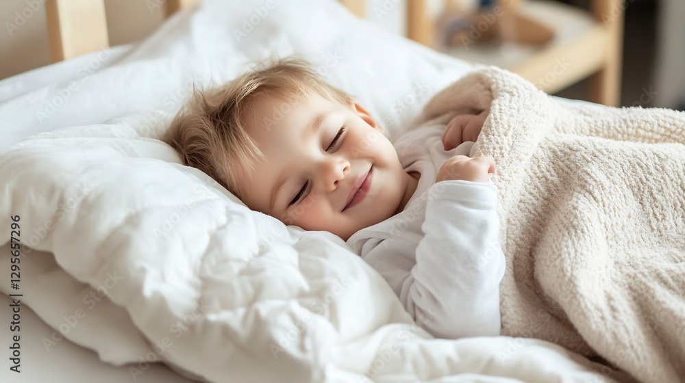 Smiling Child Sleeping Comfortably Under Soft Blanket in Cozy Bedroom : Generative AI Smiling Child Sleeping Comfortably Under Soft Blanket in Cozy Bedroom : Generative AI