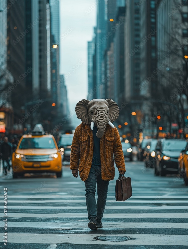 A person in a coat and carrying a briefcase walks across a city street. AI. A person in a coat and carrying a briefcase walks across a city street. AI.