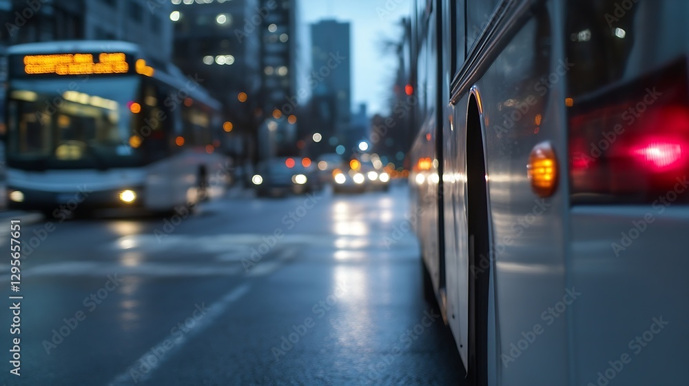 Fototapeta premium Urban Bus and Traffic Lights Blurring in City Night Scene : Generative AI