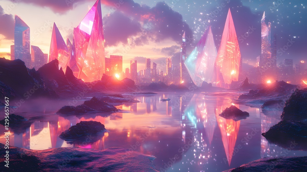 Obraz premium Futuristic city with glowing crystals and water reflections