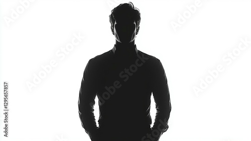 Silhouette of a man in a shirt, hands in pockets, against a white background.