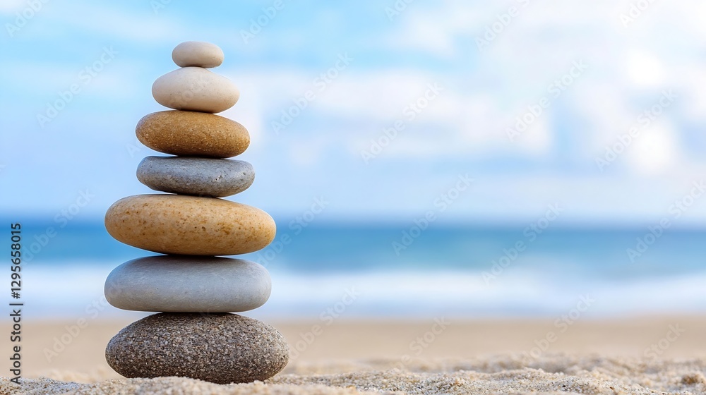 Meditative stack of smooth stones arranged by the beach to represent balance calmness and serenity : Generative AI Meditative stack of smooth stones arranged by the beach to represent balance calmness and serenity : Generative AI