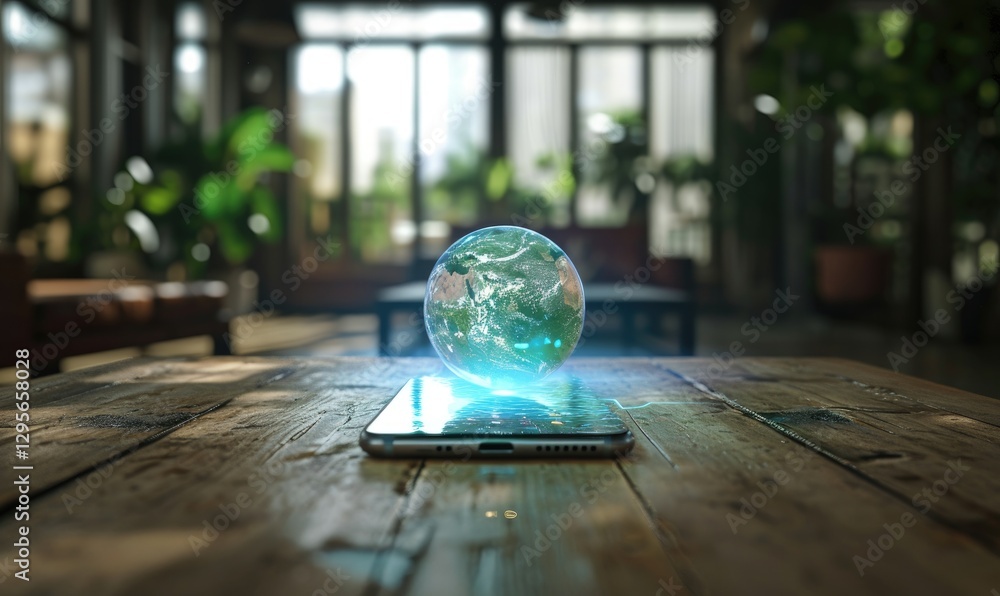 Holographic Earth Globe Floating Above Smartphone Resting on a Wooden Table