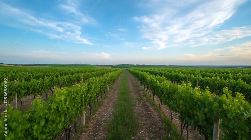 Fototapeta premium Serene Vineyard Rows Under Blue Sky with Lush Green Grapevines : Generative AI