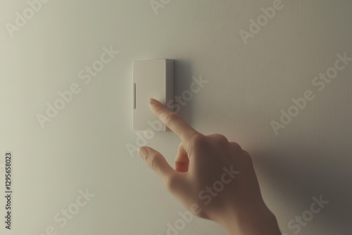 Hand Pressing White Light Switch on Textured Wall photo