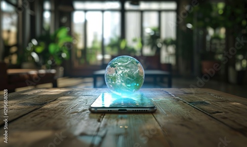 Obraz na płótnie Holographic Earth Globe Floating Above Smartphone Resting on a Wooden Table w salonie