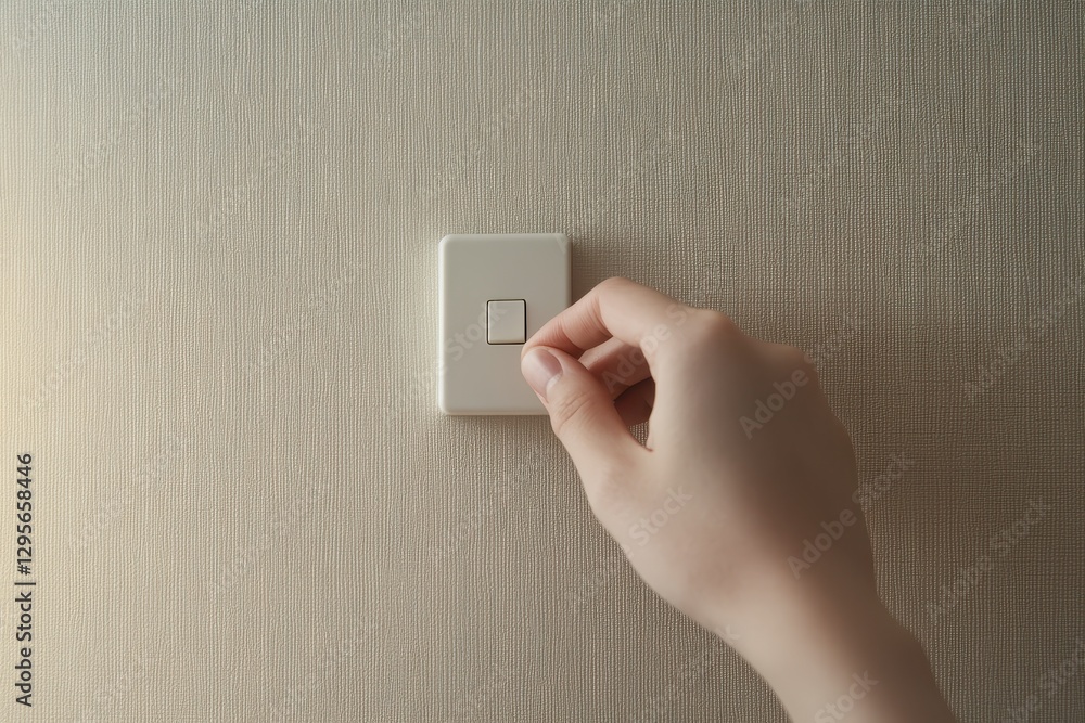 Hand Turning On a White Light Switch Against a Textured Beige Wall Hand Turning On a White Light Switch Against a Textured Beige Wall
