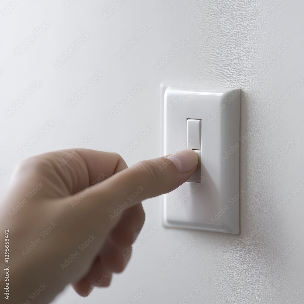 Hand Turning On a White Light Switch on a Textured White Wall Hand Turning On a White Light Switch on a Textured White Wall