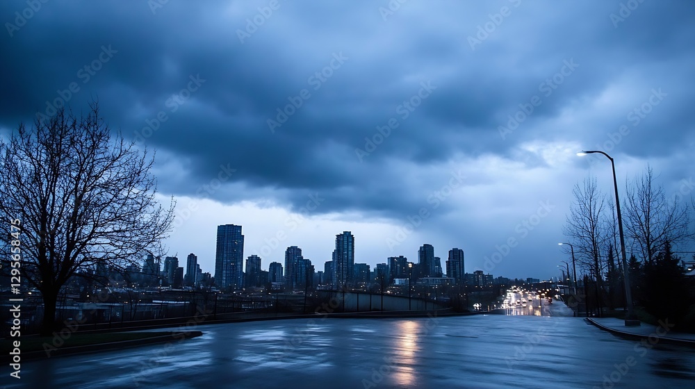 Obraz premium Overcast city skyline with gloomy clouds on a rainy evening : Generative AI