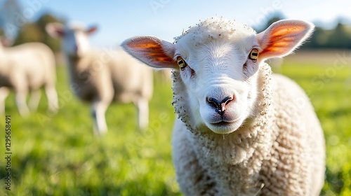 Close up of a sheep in a sunny field showcasing its fluffy wool and curious expression : Generative AI