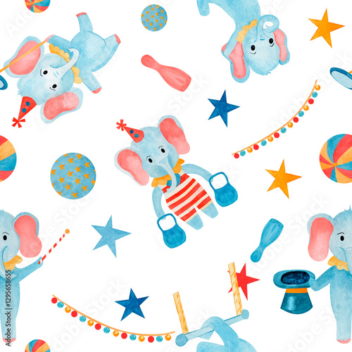 Seamless pattern watercolor hand drawn cartoon elephants: illusionist, strongman, gymnastics, juggler and stars, kettlebell, ball, garlands on white background. For childish fabric, wallpaper nursery photo