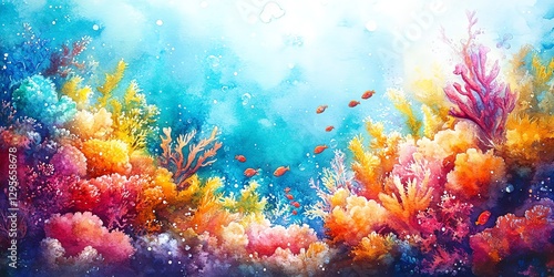 Vibrant Watercolor Coral Reef with Colorful Fish