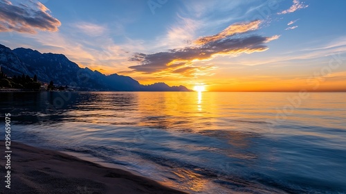 Breathtaking Sunset Over Calm Waters with Vibrant Colors Reflected in the Sky : Generative AI