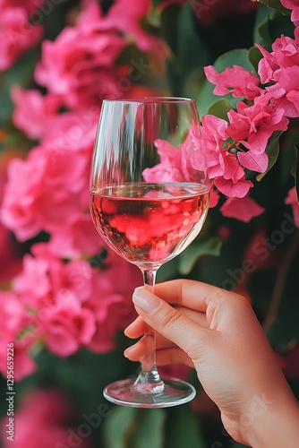 A person holding a glass of wine in front of pink flowers