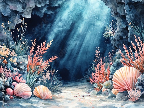 Underwater Coral Reef Scene with Sunbeams and Shells