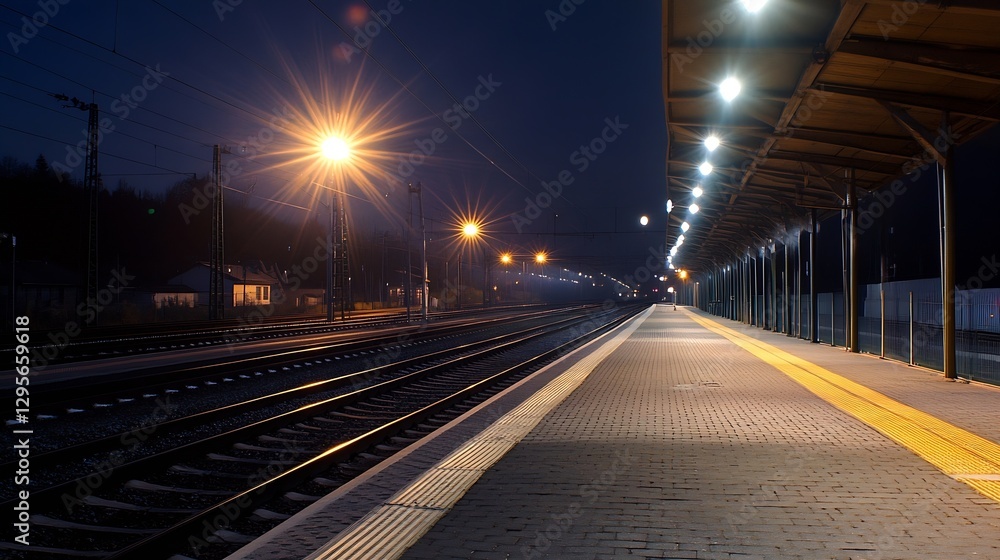 Quiet train station at night illuminated by warm lights casting reflections on the empty platform : Generative AI Quiet train station at night illuminated by warm lights casting reflections on the empty platform : Generative AI