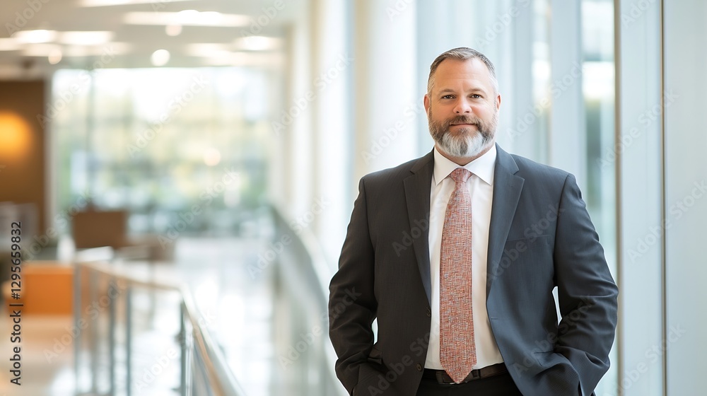 Confident businessman in formal attire standing in modern open office environment with natural lighting : Generative AI Confident businessman in formal attire standing in modern open office environment with natural lighting : Generative AI